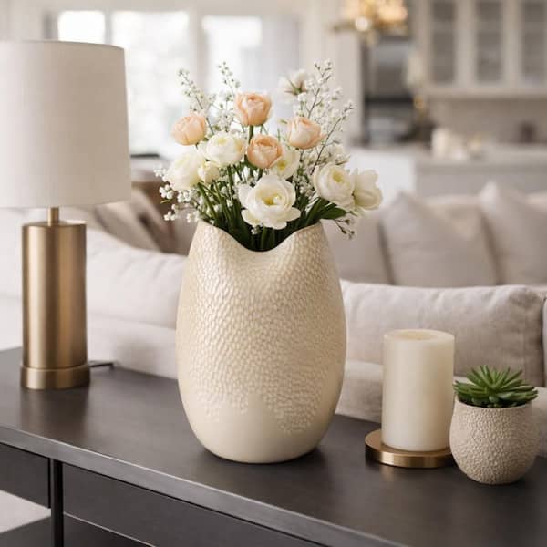 Liv & Skye 12 in. Cream/Ivory Ceramic Round Textured Embossed Decorative Vase