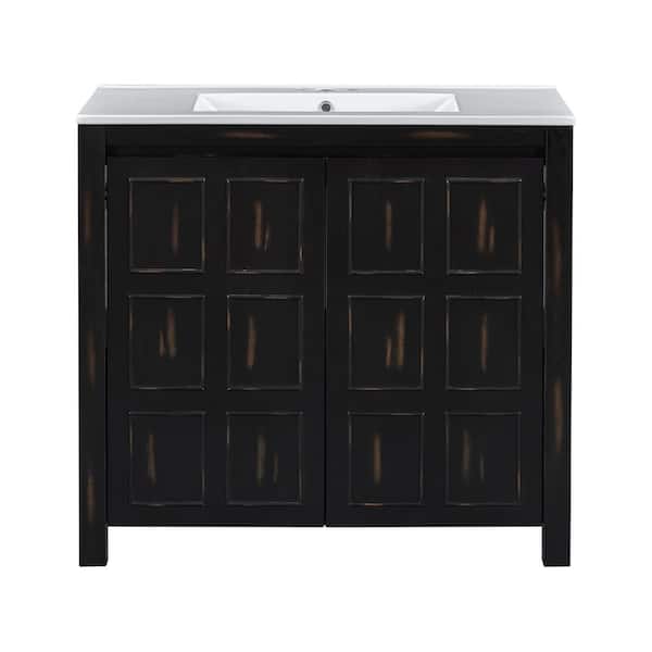 36 in. Single Sink Freestanding Black Bath Vanity with White Resin Top, Adjustable Shelves, Soft Close Doors