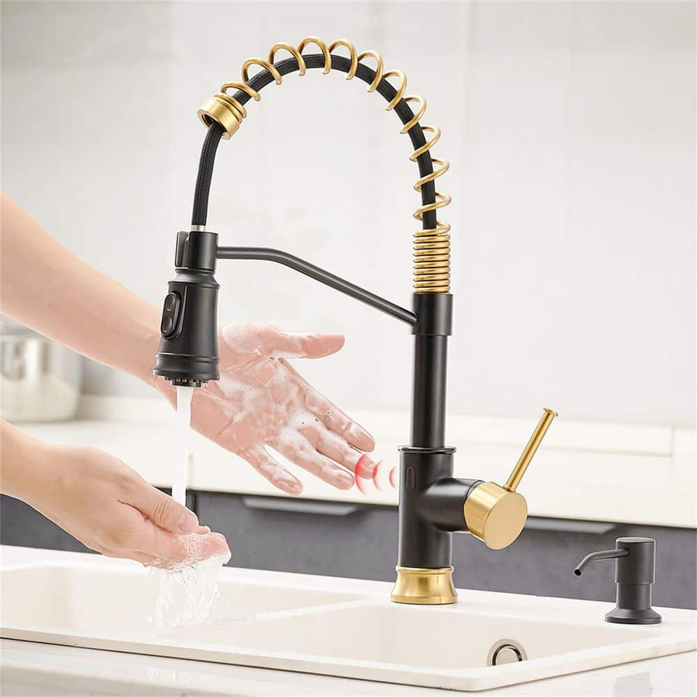 FLG Single-Handle Touchless Kitchen Sink Faucet With Pull Down Sprayer  Commercial 1-Hole Smart Hand-Free Taps Black and Gold CC-0005-MBBG The  Home Depot