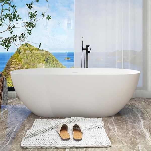Unbranded 69 in. x 30 in. Contemporary Stone Resin Flatbottom Freestanding Soaking Bathtub with Overflow in Matte White