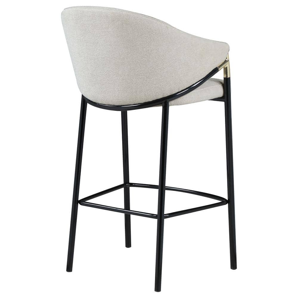 Beige Fabric and Black Metal Bar Height Stools with Sloped Arms