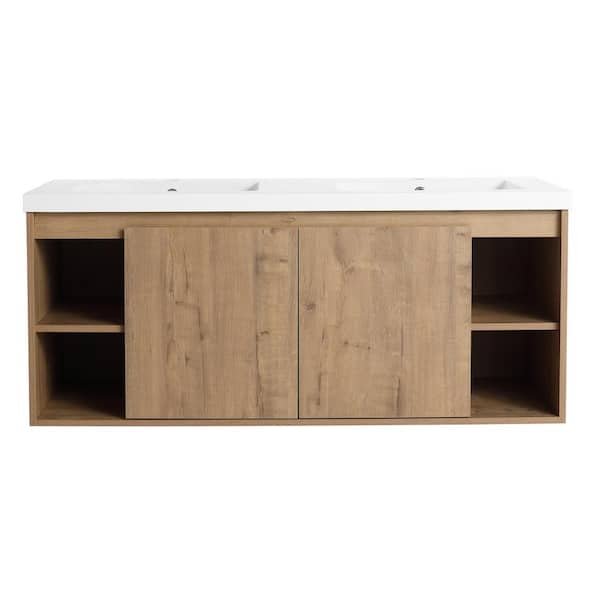 Boosicavelly 47.60 in. W 18.10 in. D 20.50 in. H Double Sink Wall Mounted Bath Vanity in Imitative Oak with White Resin Top