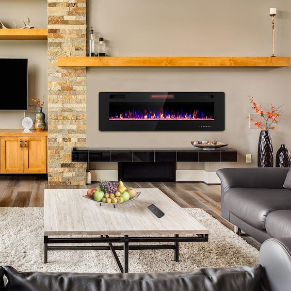 60 in. Wall Mount Low Noise Electric Fireplace with Remote Control and Touch Screen, Multi Color Flame in Black