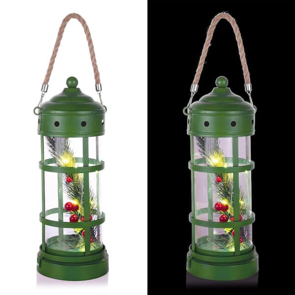 Alpine Metal and Glass Lantern with Warm White LED Lights, Green