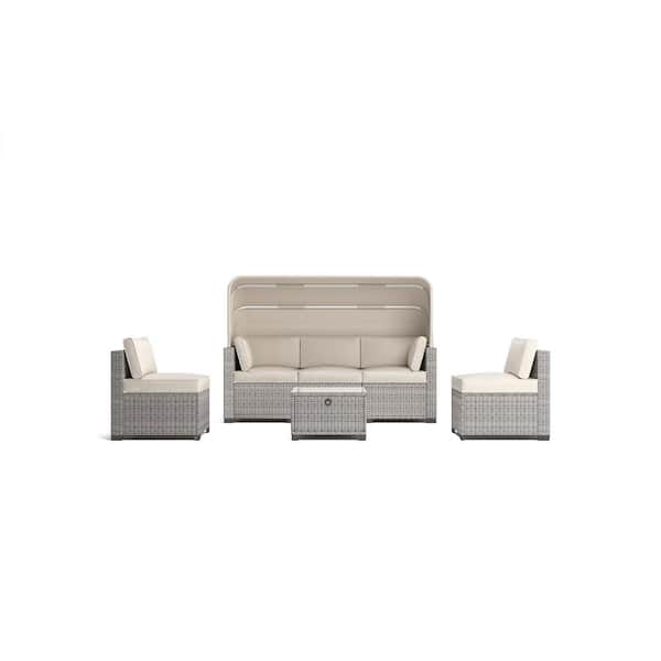 Unbranded 6 Piece Gray Wicker Outdoor Sectional Set Rattan Daybed with Beige Cushions Retractable Canopy and Adjustable Backrest