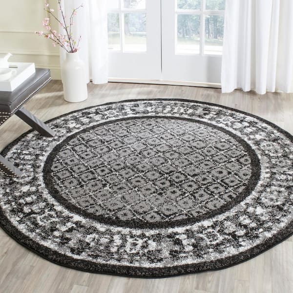 Adirondack Black/Silver 4 ft. x 4 ft. Round Geometric Border Area Rug