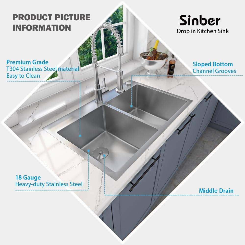 Sinber 33" Stainless Steel Double Bowl Drop-In Kitchen Sink
