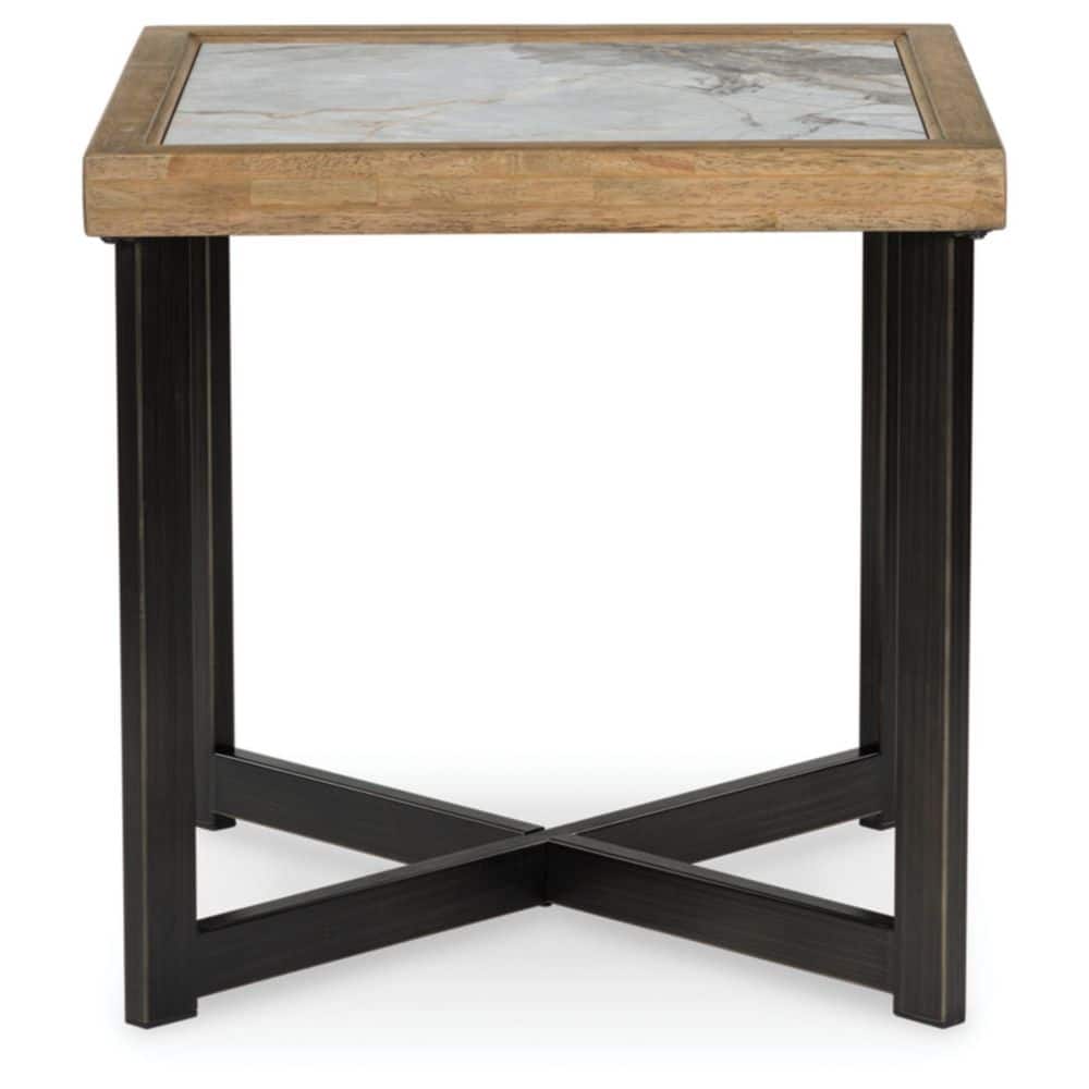 Beige and Black Square Wood and Stone End Table