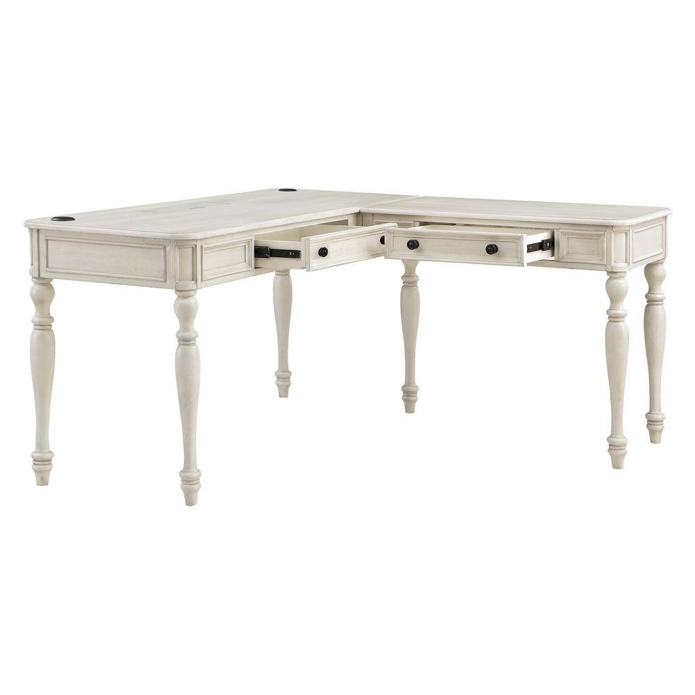 Antique White L-Shaped Wood Desk with USB Ports and Drawers
