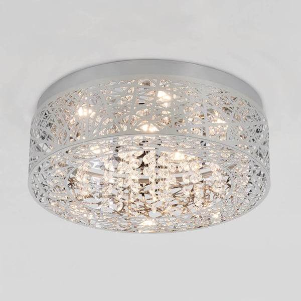 Artika Crystal Nest 15 in. 26 Watt Modern Chrome Integrated LED Flush Mount Ceiling Light Fixture for Kitchen or Bedroom