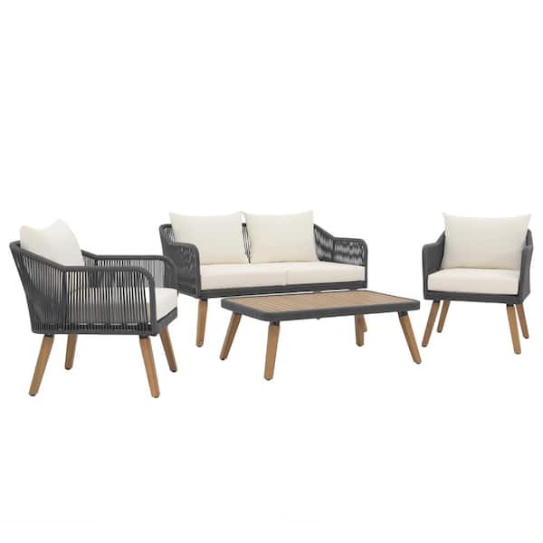 4-Piece Wood Outdoor Woven Rope Conversation Set with Wood-Top Coffee Table, Beige