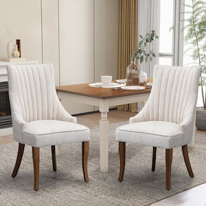 Comfy Beige Linen Channel Tufted Upholstered Dining Chairs Set of 2 with Solid Wood Legs