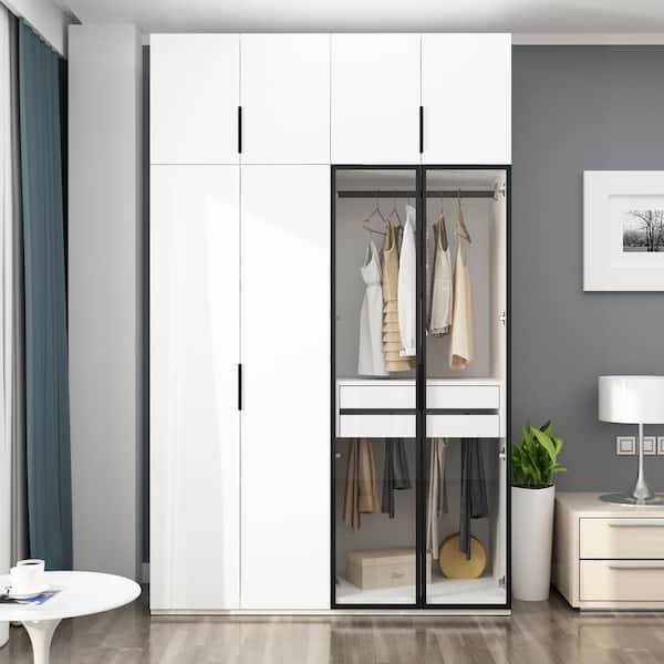 FUFU&GAGA 101.4 in. H x 24.6 in. D White Wood 63 in. W Big Wardrobe With Glass Display Doors, 2 Hanging Rods, Drawer, Pants Rack
