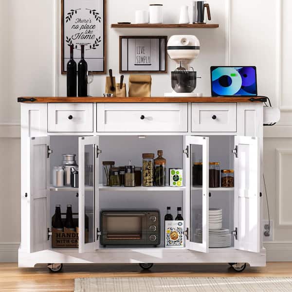 Qualler White Wood 53 in. Kitchen Island with Open Side Racks and Drop Leaf