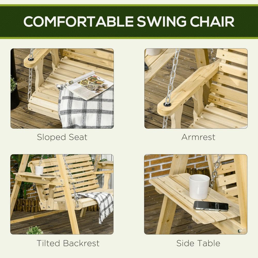Spacious Two-Person Outdoor Swing Chair with Side Tables in Natural Fir