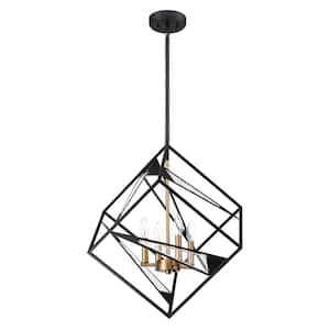 Corrientes 23.15 in. W x 23.15 in. H 4-Light Matte Black/Gold Accent Pendant Light with Open Metal Frame and Clear Glass