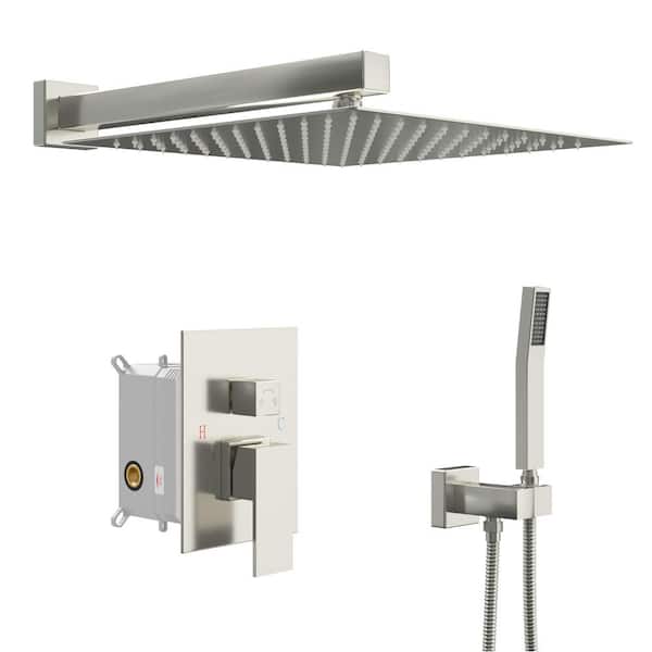 Dimakai 2-Spray Dual Wall Mount Fixed and Handheld Shower Head 1.8 GPM with 12 in. Adjustable Shower Head in Brushed Nickel