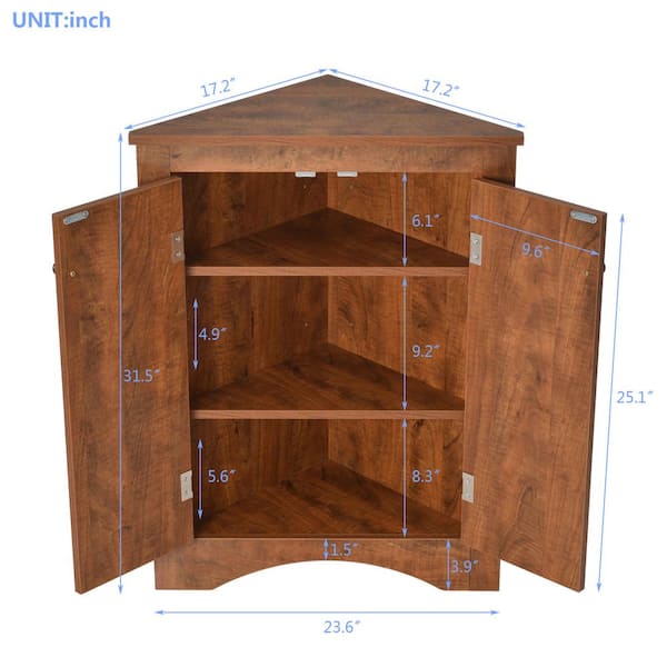 Unbranded Freestanding Triangle 23.6 in. W x 17.2 in. D x 31.5 in. H Brown Bathroom Linen Cabinet with Adjustable Shelves