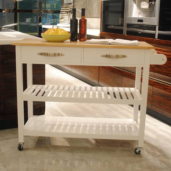 Kitchen Cart with Open shelves and 2-Drawers and Rubber Wood Top in White