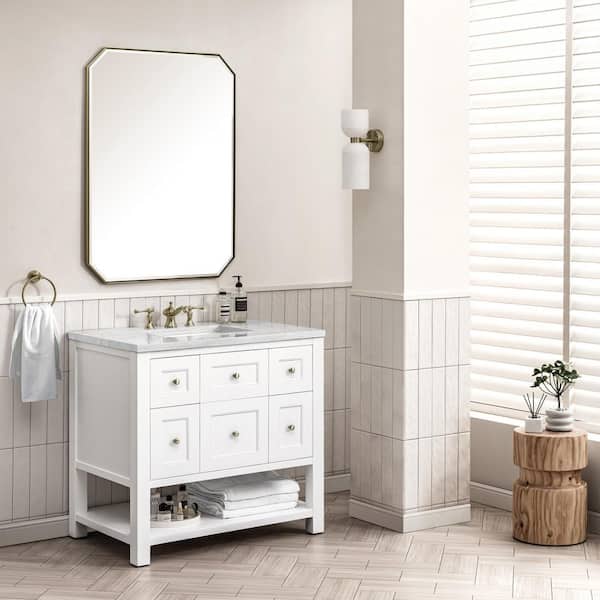 James Martin Vanities Breckenridge 36.0 in. W x 23.5 in. D x 34.2 in. H Bathroom Vanity in Bright White with Arctic Fall Solid Surface Top