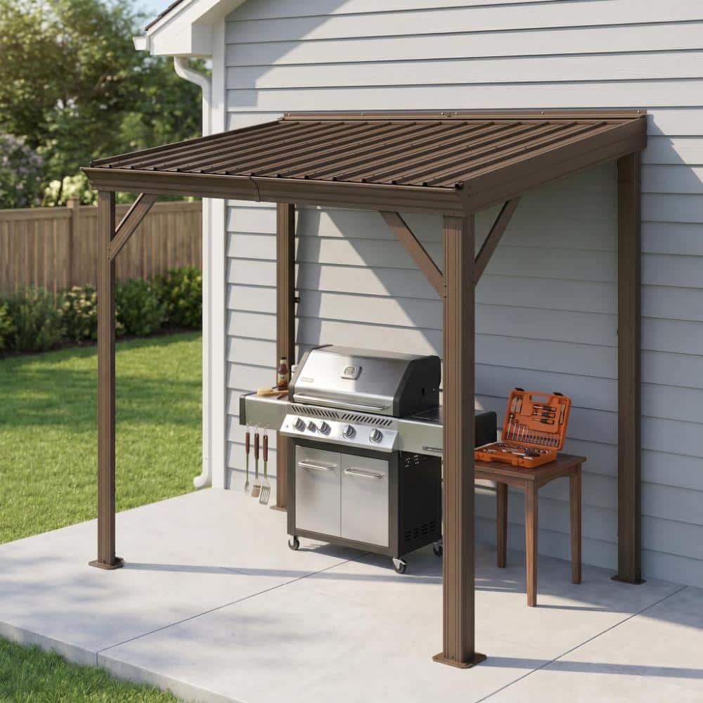 8 x 5 FT Brown Outdoor Hardtop Wall Mounted Lean to Gazebo with Sloping Galvanized Steel Roof with Drainage System price history on PriceWatchPro