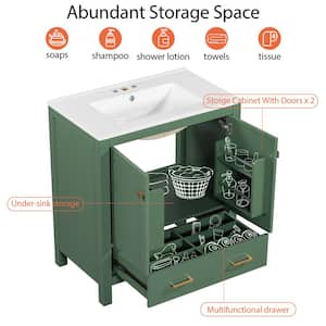 30 in. W Freestanding Single Sink Bath Vanity in Green with White Ceramic Top, Undersink Storage, Soft Close Doors