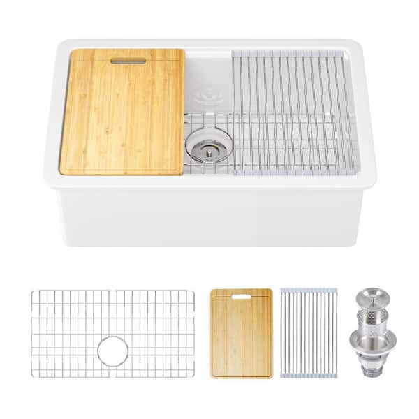 30 in. Undermount Single Bowl White Fireclay Workstation Kitchen Sink with Accessories