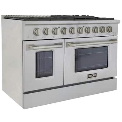 Bundle 48 in. 6.7 cu.ft. Pro-Style Natural Double Oven Gas Range, Range Hood, Dishwasher 24 in. in Stainless Steel