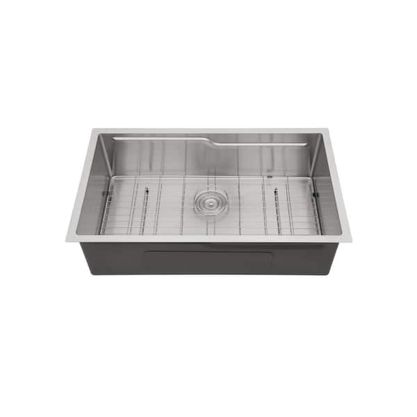 33 in. Undermount Single Bowl 16-Gauge Brushed Nickel Stainless Steel Kitchen Sink with Strainer Basket and Bottom Girds