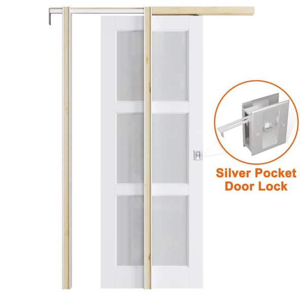 ARK DESIGN 28 in. x 80 in. 3-Lite Frosted Glass White Primed Wood Pocket Door with Hardware Kit (Soft Close and Silver Lock Incl)