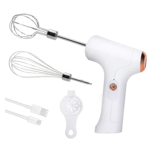 White Electric Handheld Mixer Cordless Whisk 3- Speed Modes Dual Stainless Steel Mixing Heads Ergonomic Design