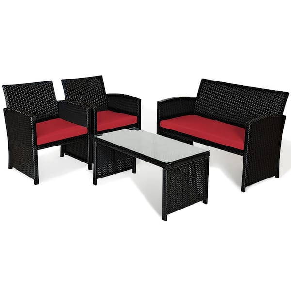 Costway 4 Pieces Wicker Furniture Patio Conversation Set Red