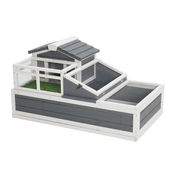 3-Room Indoor/Outdoor Wooden Tortoise Enclosure with Ladder/Tray/Openable Roof in Grey for Extra Small Pet