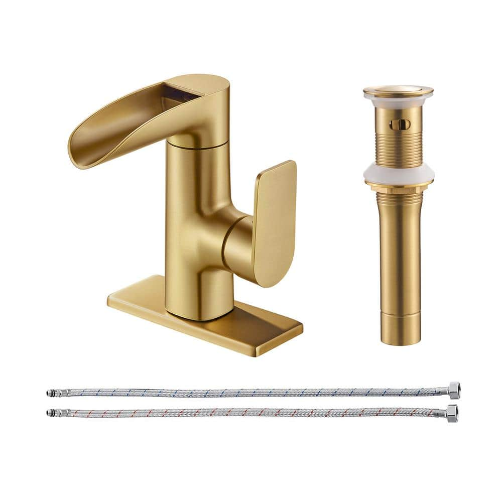 Heemli Waterfall Single Handle Single Hole Low Arc Bathroom Faucet With Metal Pop Up Drain Assembly Sink Faucet in Gold