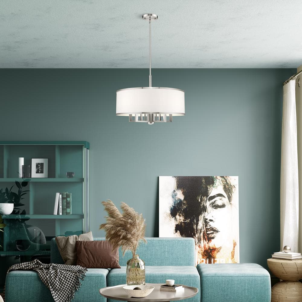 Brushed Nickel 6-Light Drum Chandelier with Off-White Fabric Shade