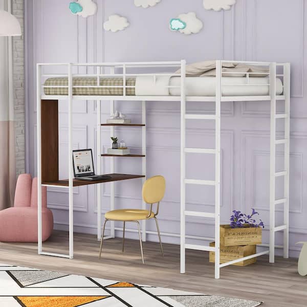 Harper & Bright Designs White Twin Size Metal Loft Bed with Brown Built-in Desk and 2-Shelves, 2-Ladders
