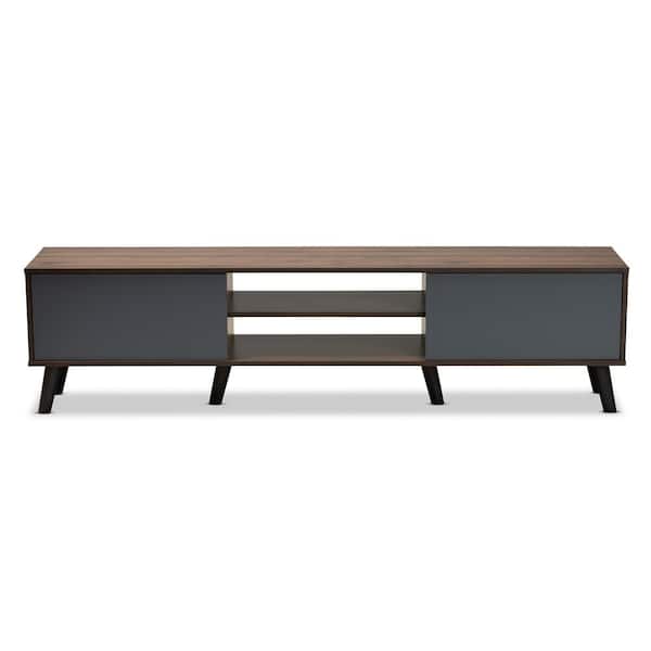 Baxton Studio Clapton 70.9 in. Medium Density Fiberboard MDF Grey and Walnut Brown and Black TV Stand Fits TV's up to 78 in.