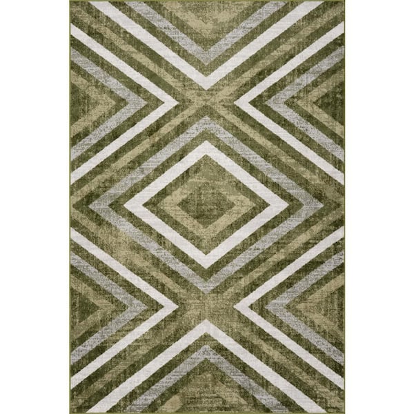Akari Spin Clean Transitional Diamond Machine Washable Area Green 8 ft. x 10 ft. Indoor Area Rug