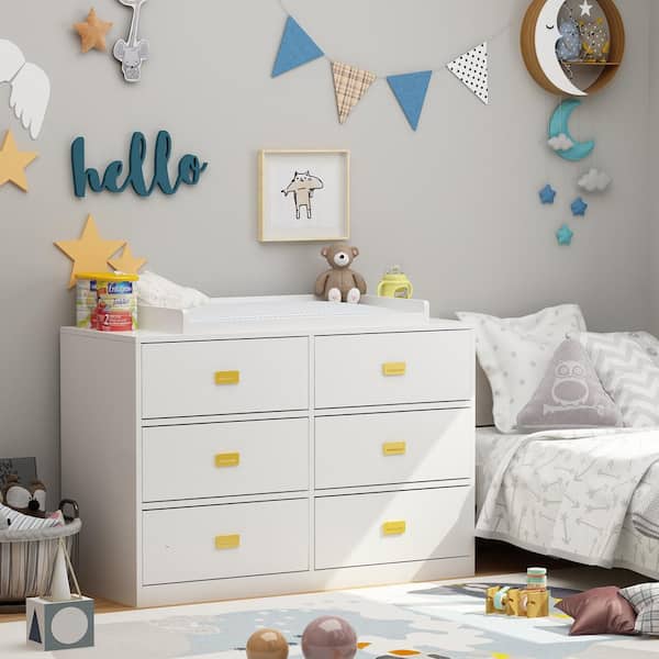 Kingdely 6-Drawer White Wooden Dresser Vanity Table Baby Storage Dresser 45.1 in. W x 18.9 in. D x 30.1 in. H KF200068-02-KPL