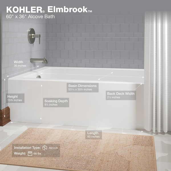 KOHLER Elmbrook 60 in. x 30.25 in. Soaking Bathtub with Left-Hand Drain in White KOHLER Elmbrook 60 in. x 30.25 in. Soaking Bathtub with Left-Hand Drain in White