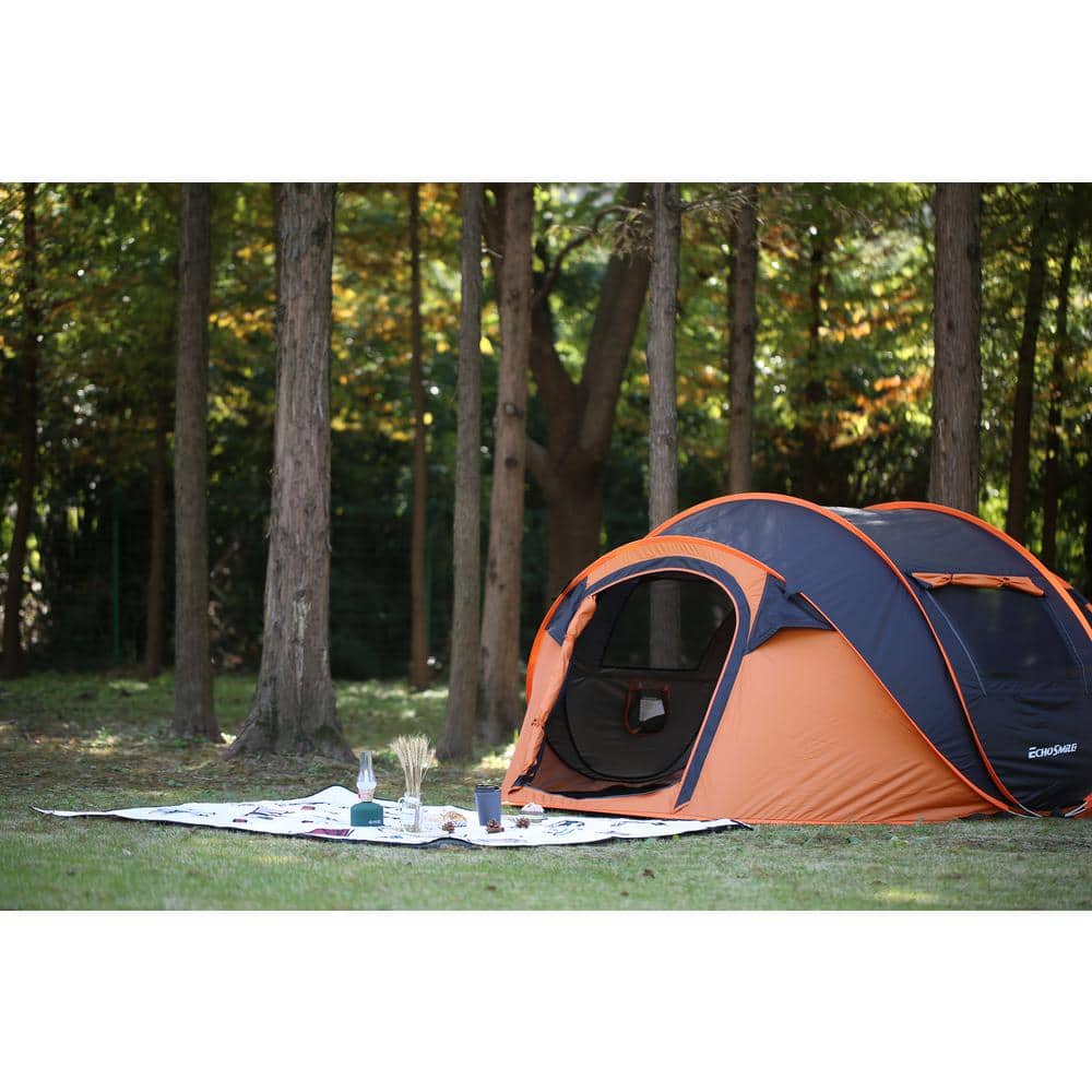 EchoSmile 4-Person Black and Orange Pop Up Camping Tent