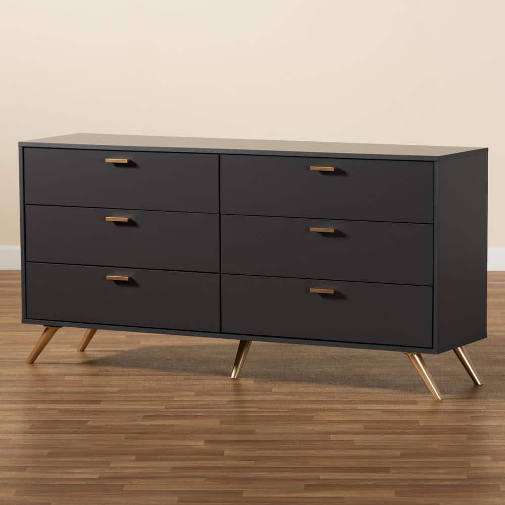 Kelson Dark Gray and Gold 6-Drawer Wood Dresser