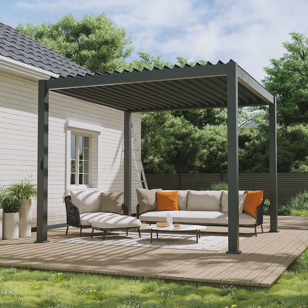 Nordica Series 10 ft. x 10 ft. Aluminum Frame Modern Outdoor Pergola with Adjustable Roof, Grey