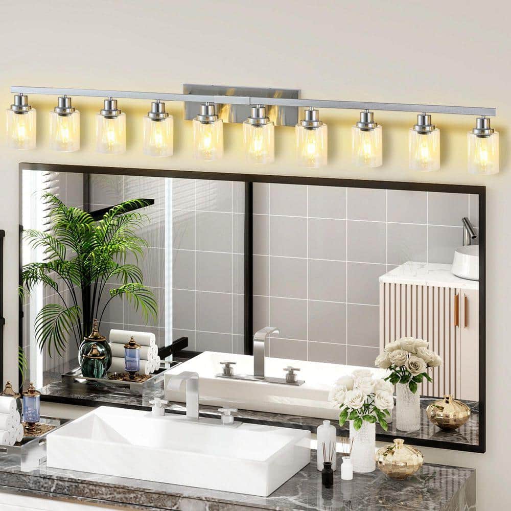 Gloweer 65 in. 10-Light Chrome Vanity Lights,Wall Sconces with Clear ...