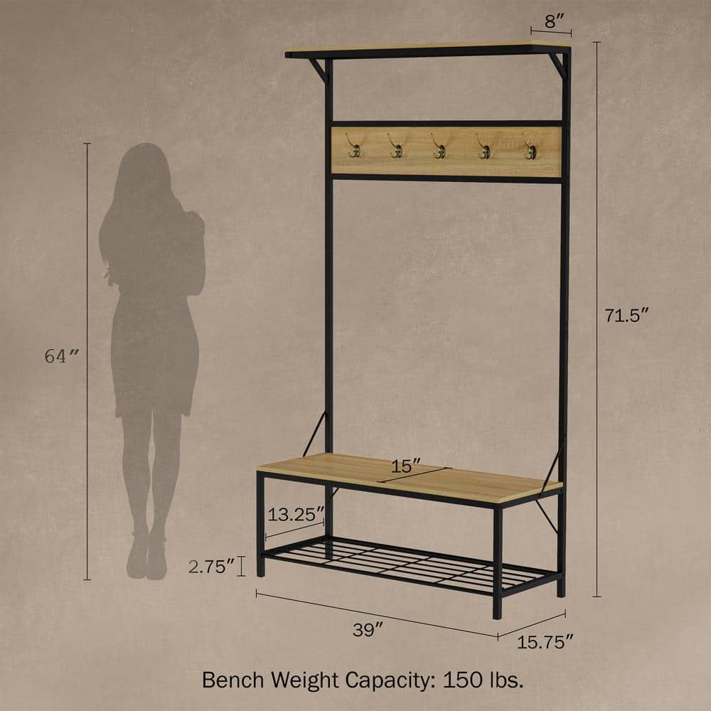 Rustic Black and Woodgrain Hall Tree with Storage Bench