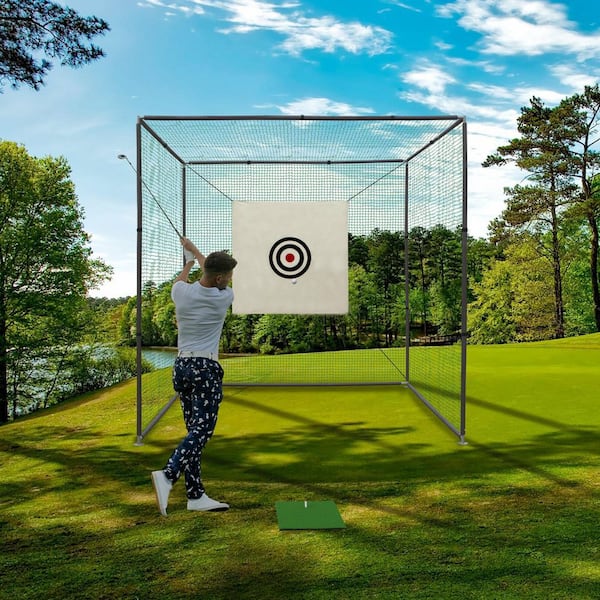 10 ft. x 10 ft. x 10 ft. Black Metal Frame Golf Practice Net Cage Hitting Net Kit