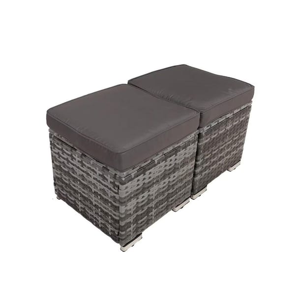 Grey Wicker Outdoor Patio Ottoman with Grey Cushion (2-Pack)