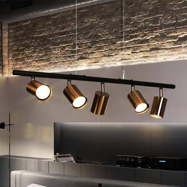 28.5 in. Adjustable Mid-Century Pendant Light, 5-Light Brass Gold/Black Chandelier for Kitchen Island with Metal Shade