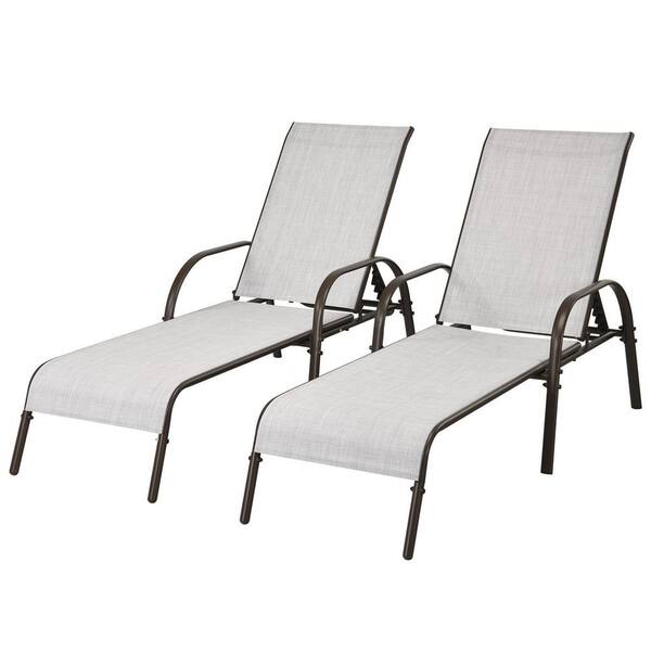 HONEY JOY 2-Pieces Gray Metal Outdoor Chaise Lounge Chair Adjustable Reclining Bed with Backrest and Armrest