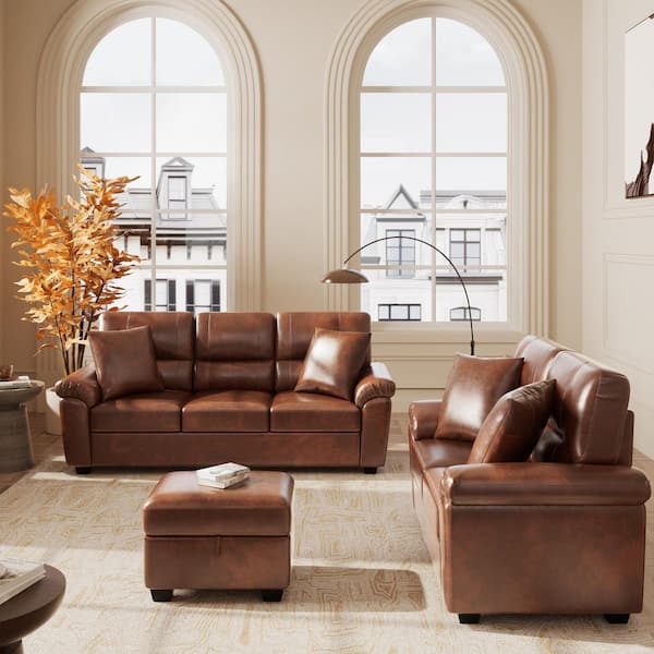 Morden Fort 3-Pieces Glam Mid-Century Couch Brown Faux Leather
